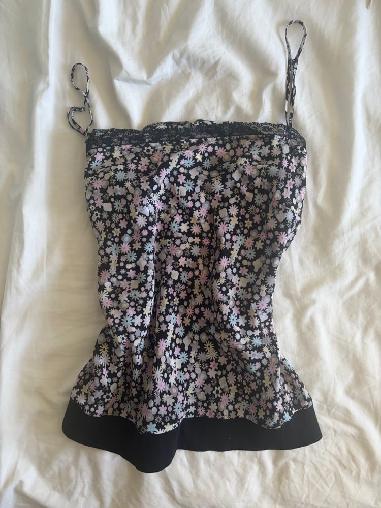 Vintage Y2K black floral silk cami with ribbed bottom