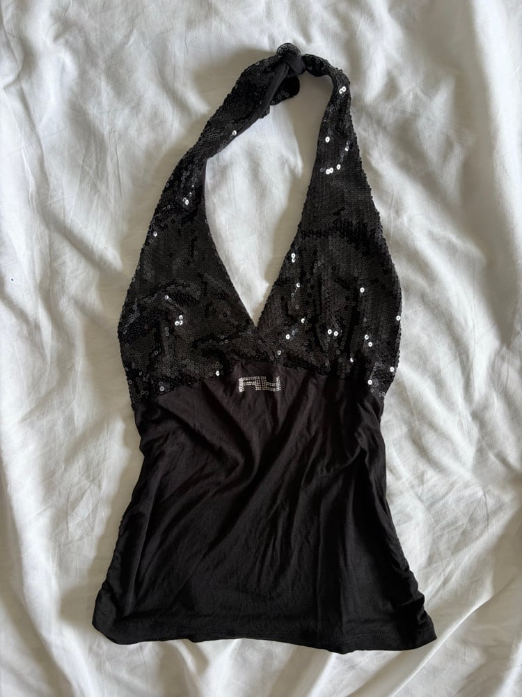 Vintage Y2K black halterneck with sequin bust detail and diamonte