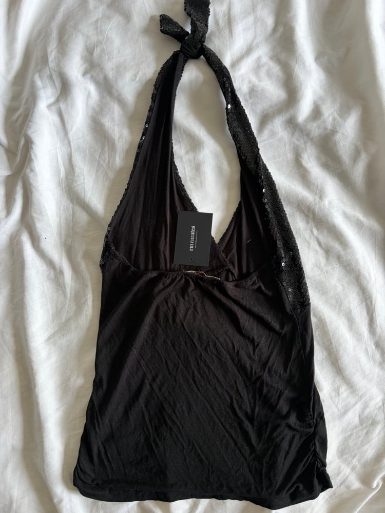 Vintage Y2K black halterneck with sequin bust detail and diamonte