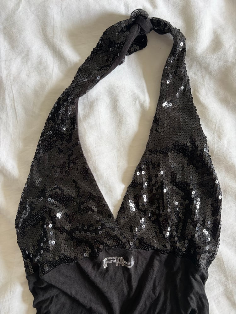 Vintage Y2K black halterneck with sequin bust detail and diamonte