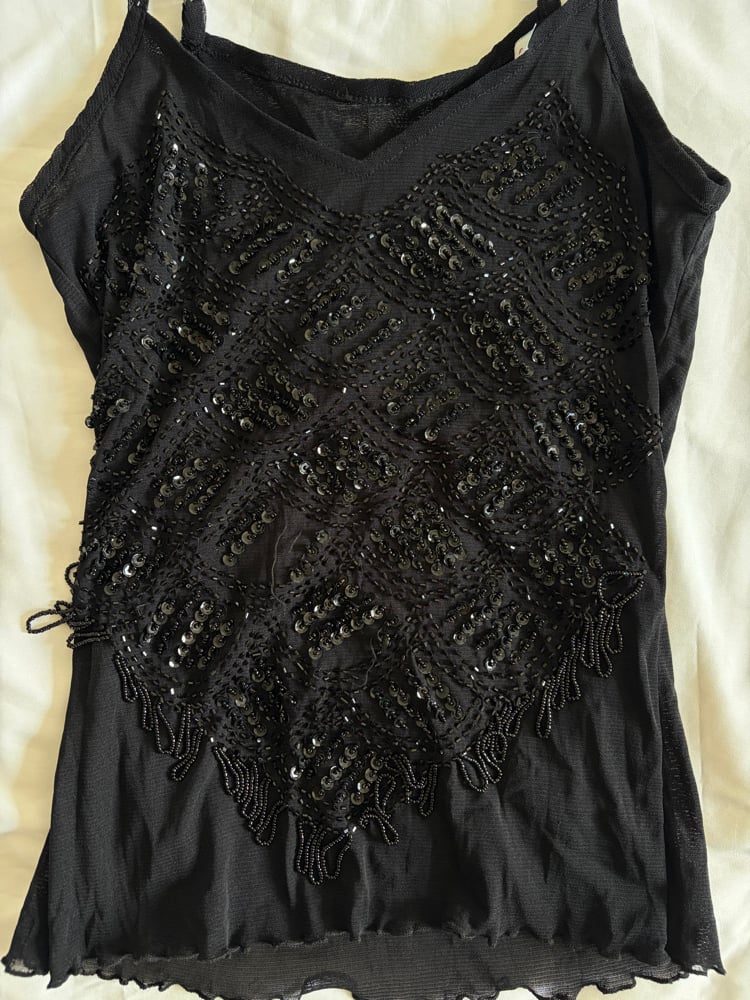 Vintage Y2K black micromesh sequin and beaded cami with tassel style detail