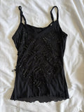 Vintage Y2K black micromesh sequin and beaded cami with tassel style detail
