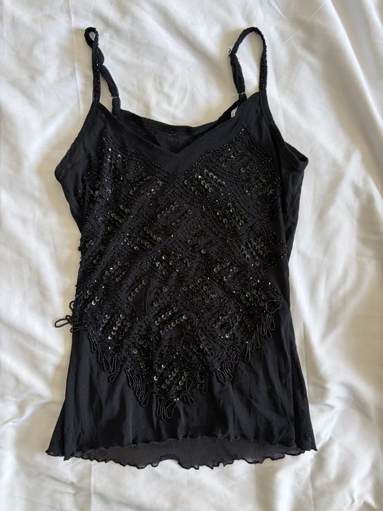 Vintage Y2K black micromesh sequin and beaded cami with tassel style detail