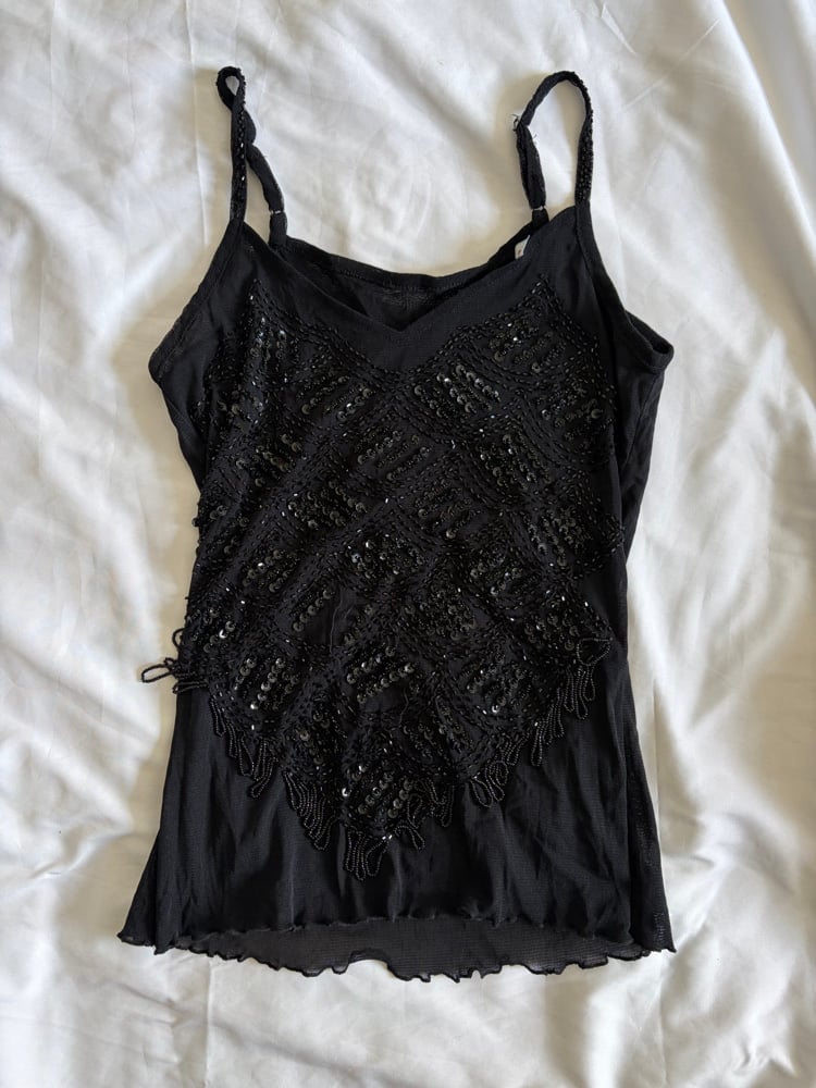 Vintage Y2K black micromesh sequin and beaded cami with tassel style detail
