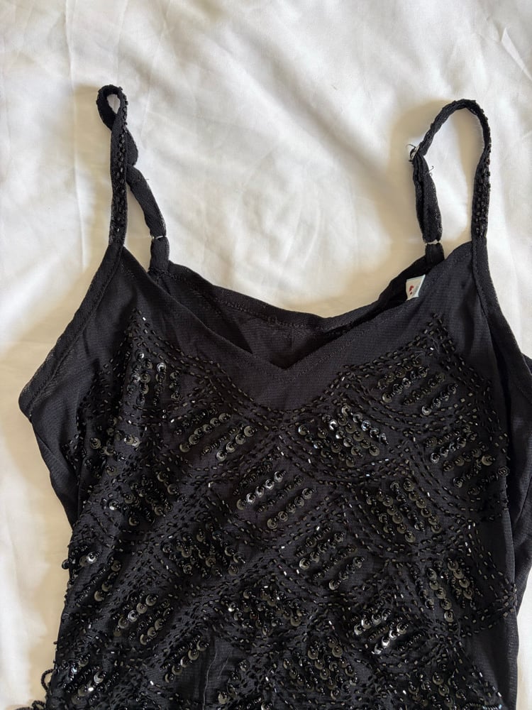 Vintage Y2K black micromesh sequin and beaded cami with tassel style detail