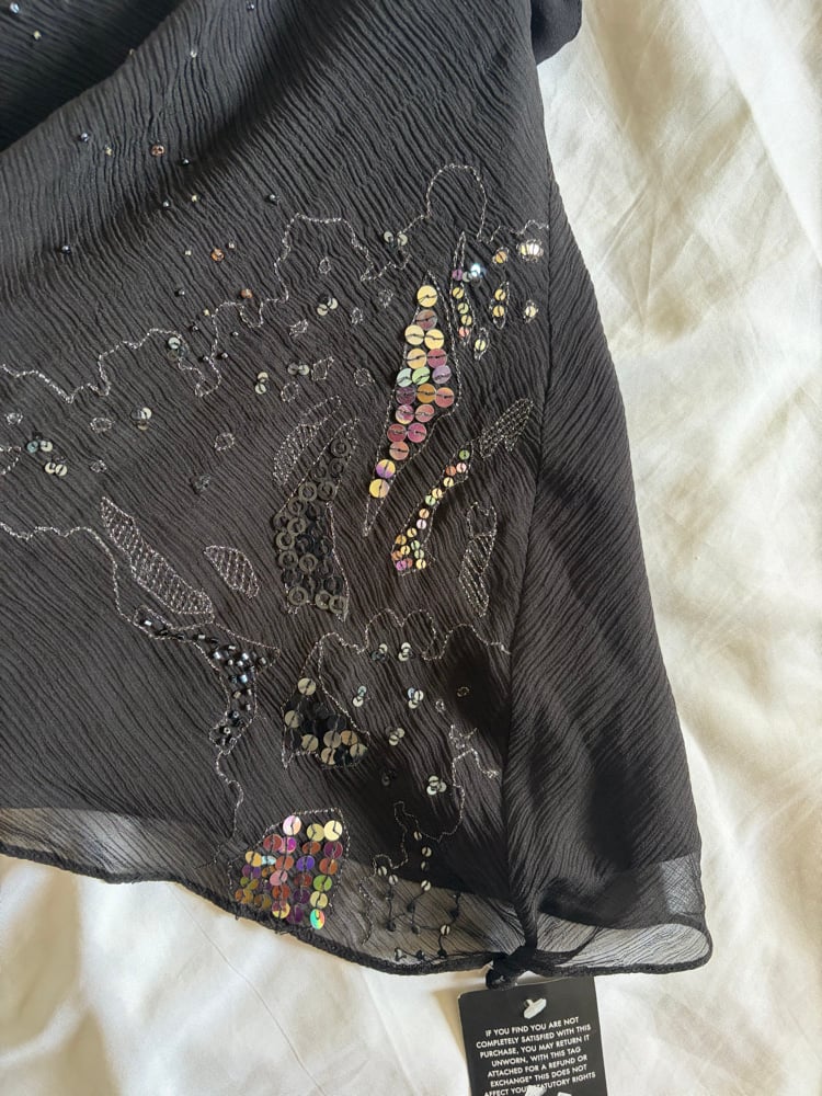 Vintage Y2K black silk asymmetrical hem halterneck sequin cami 2000s deadstock with tags