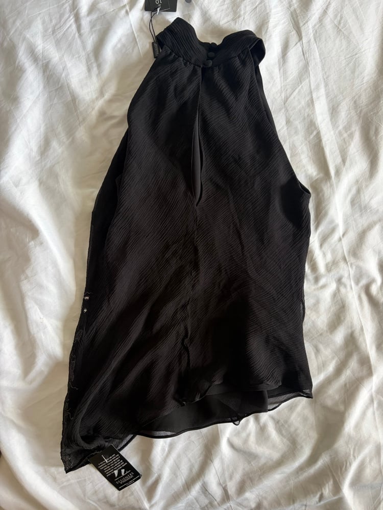 Vintage Y2K black silk asymmetrical hem halterneck sequin cami 2000s deadstock with tags