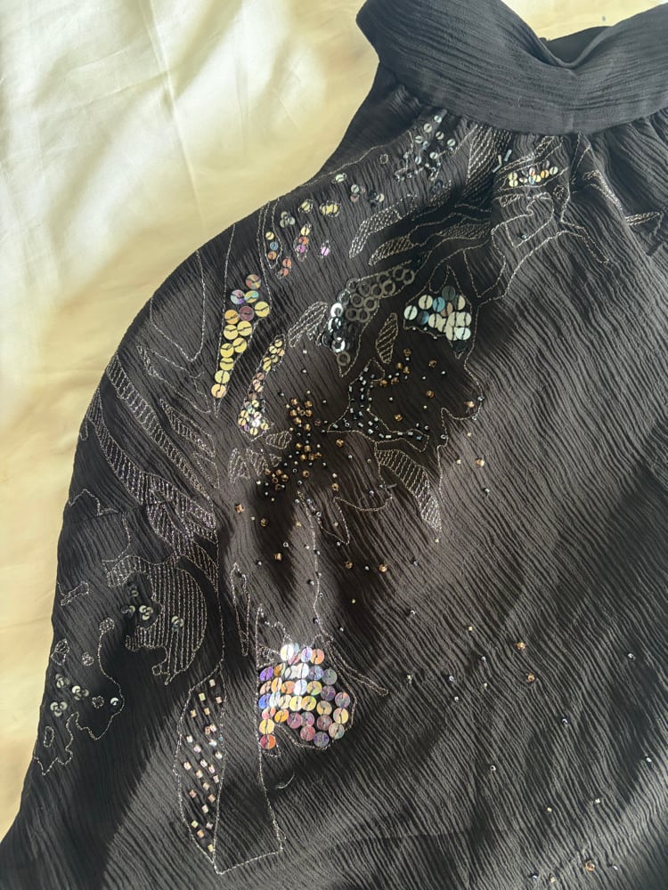 Vintage Y2K black silk asymmetrical hem halterneck sequin cami 2000s deadstock with tags