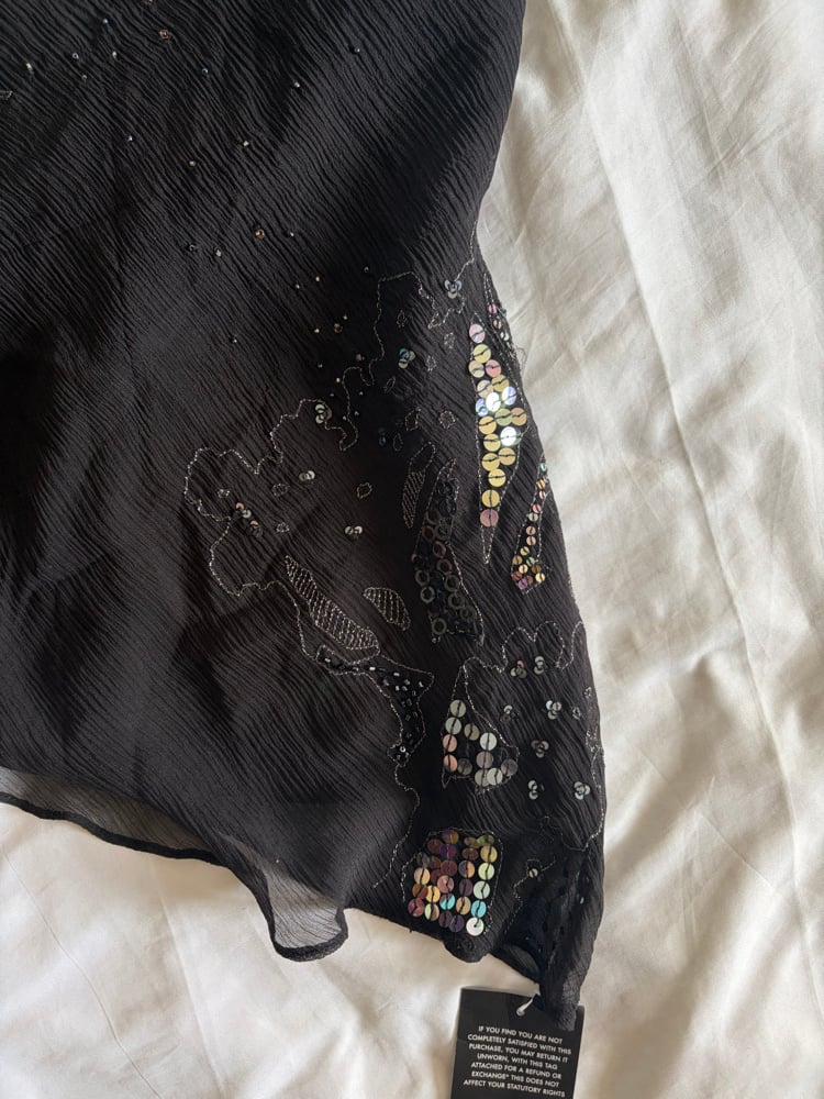 Vintage Y2K black silk asymmetrical hem halterneck sequin cami 2000s deadstock with tags