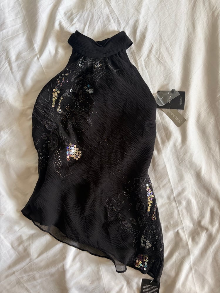 Vintage Y2K black silk asymmetrical hem halterneck sequin cami 2000s deadstock with tags