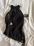 Vintage Y2K black silk asymmetrical hem halterneck sequin cami 2000s deadstock with tags