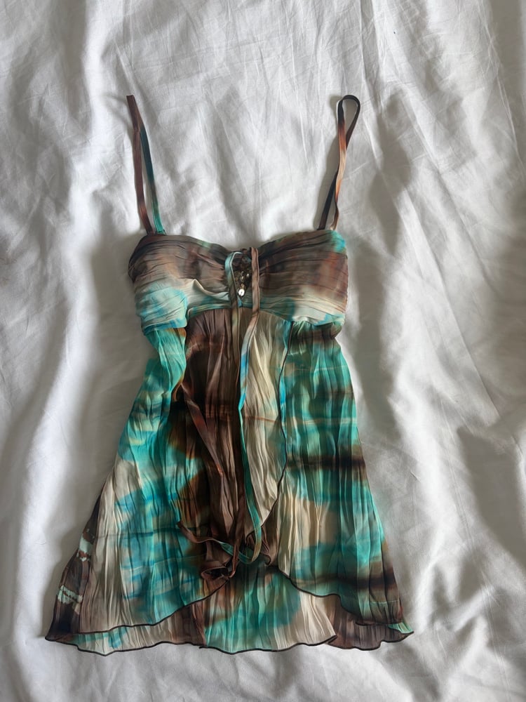 Vintage Y2K blue and brown tie dye ruched bust with diamond embellish detail