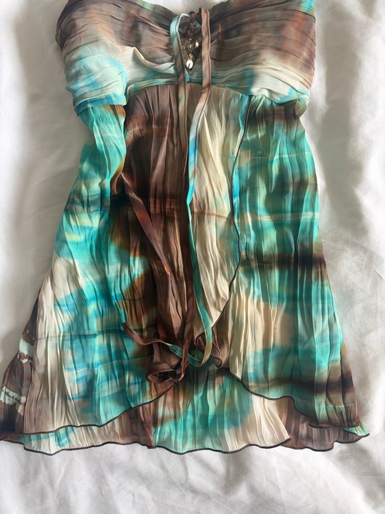 Vintage Y2K blue and brown tie dye ruched bust with diamond embellish detail