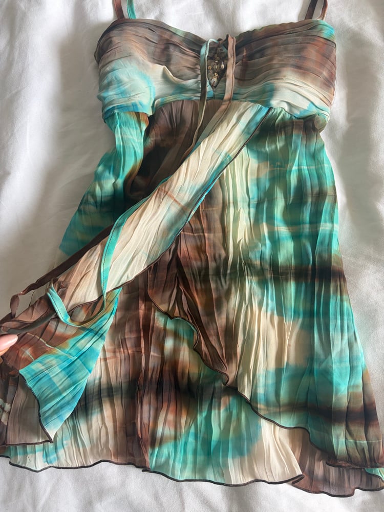 Vintage Y2K blue and brown tie dye ruched bust with diamond embellish detail