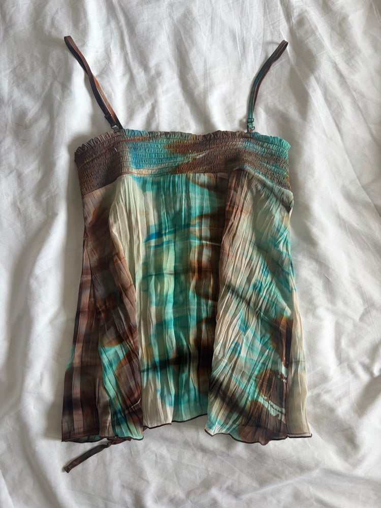 Vintage Y2K blue and brown tie dye ruched bust with diamond embellish detail