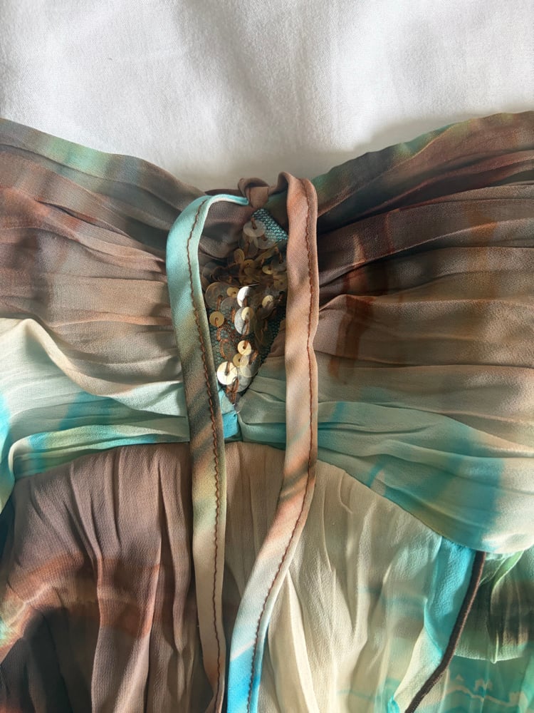 Vintage Y2K blue and brown tie dye ruched bust with diamond embellish detail