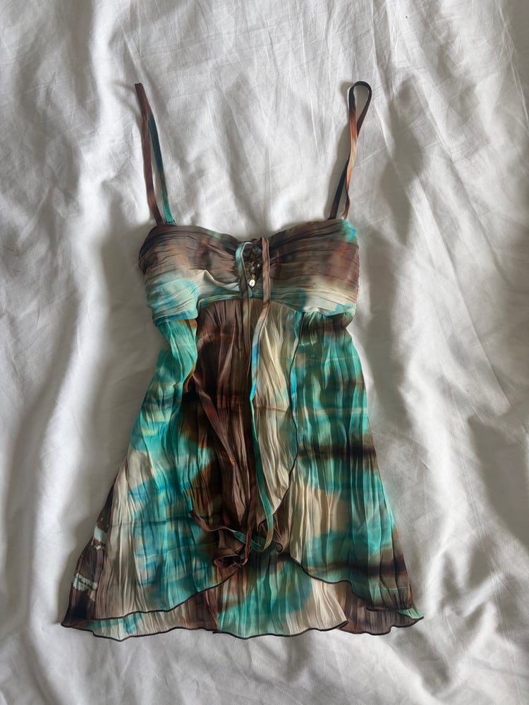 Vintage Y2K blue and brown tie dye ruched bust with diamond embellish detail