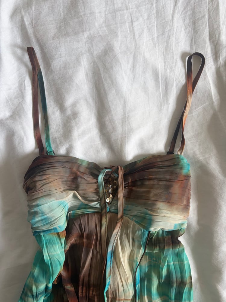 Vintage Y2K blue and brown tie dye ruched bust with diamond embellish detail