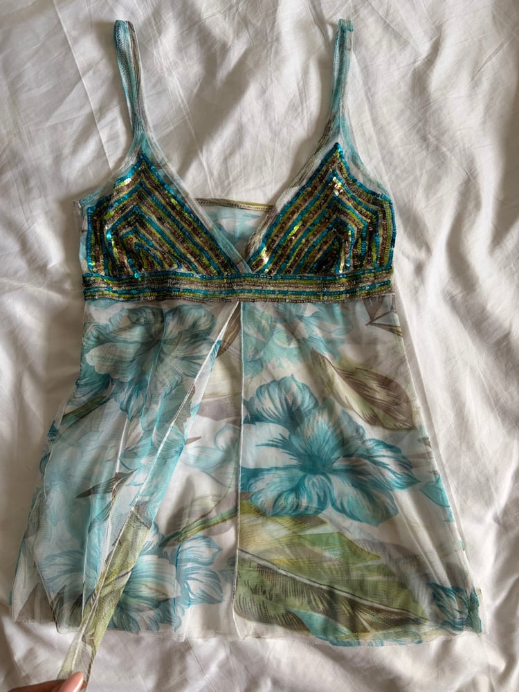 Vintage Y2K blue and green floral cami with sequin detailed cups