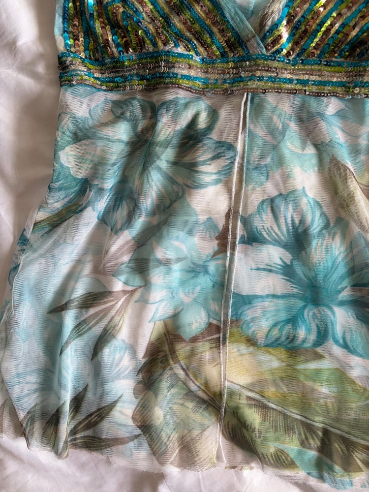 Vintage Y2K blue and green floral cami with sequin detailed cups