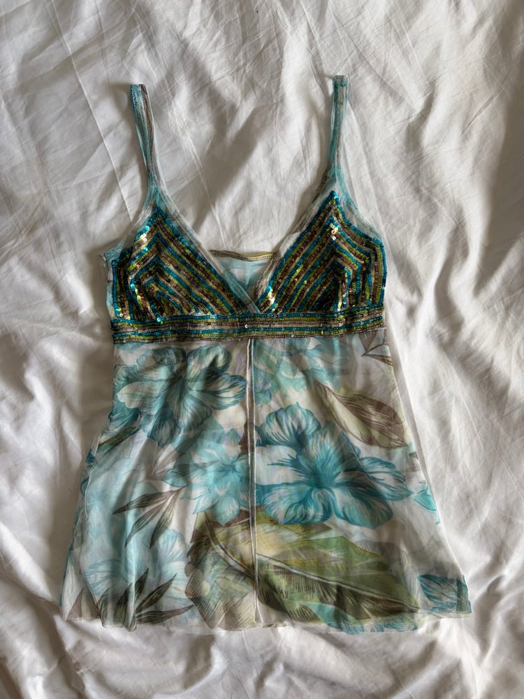 Vintage Y2K blue and green floral cami with sequin detailed cups