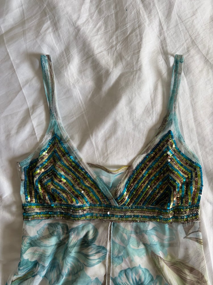 Vintage Y2K blue and green floral cami with sequin detailed cups
