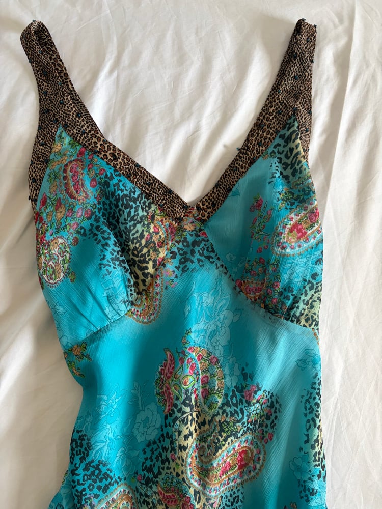 Vintage Y2K blue floral and leopard print bias cut dress with beaded detail