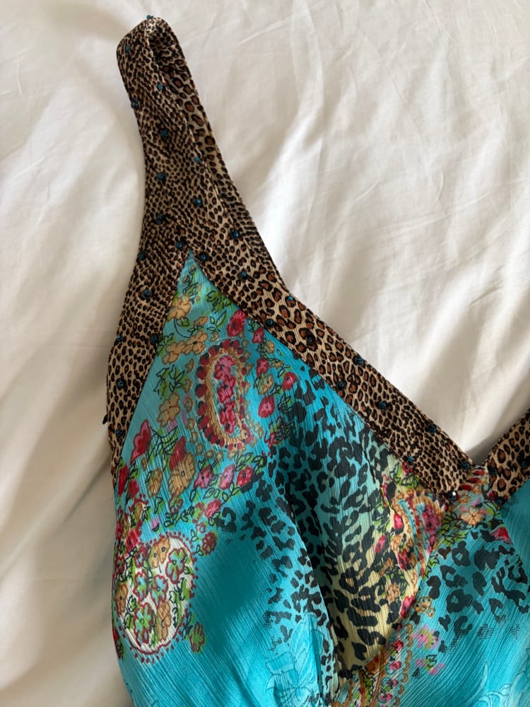 Vintage Y2K blue floral and leopard print bias cut dress with beaded detail