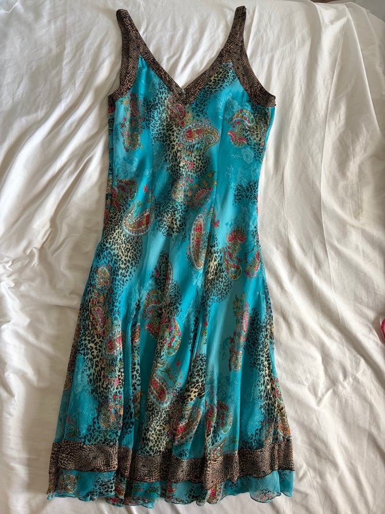 Vintage Y2K blue floral and leopard print bias cut dress with beaded detail