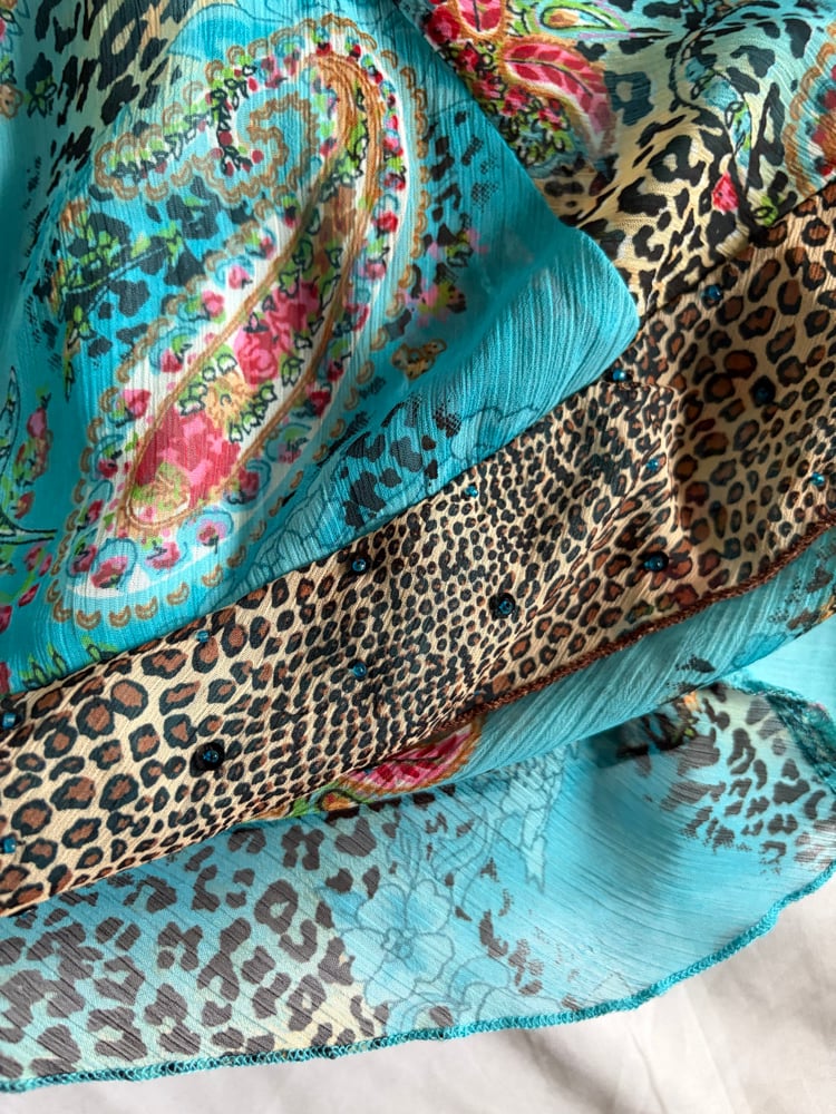 Vintage Y2K blue floral and leopard print bias cut dress with beaded detail
