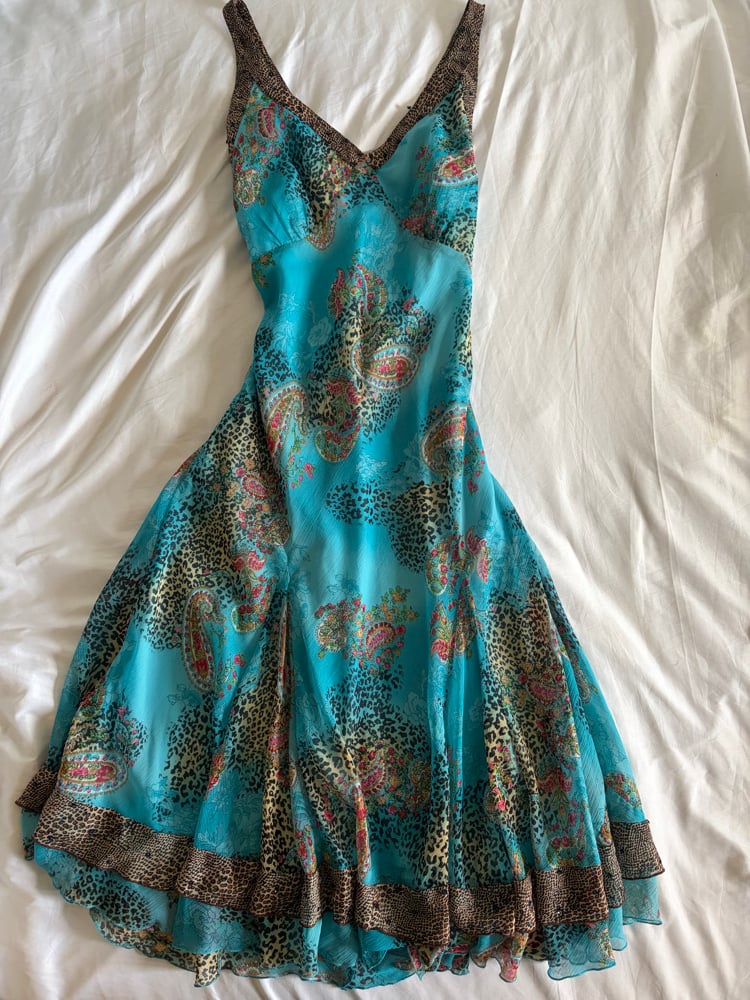 Vintage Y2K blue floral and leopard print bias cut dress with beaded detail
