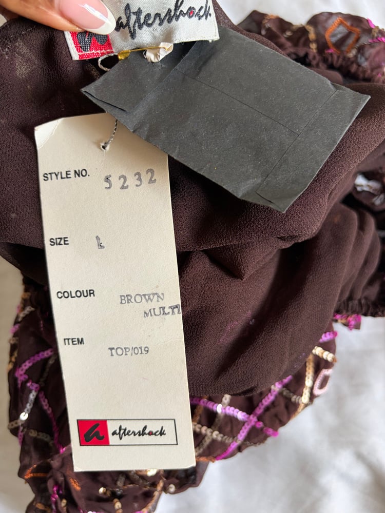 Vintage Y2K brown Aftershock asymmetrical hem silk  brown 3/4 sleeve sequin fairy top