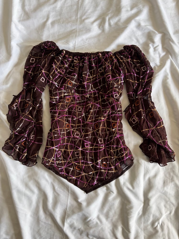 Vintage Y2K brown Aftershock asymmetrical hem silk  brown 3/4 sleeve sequin fairy top