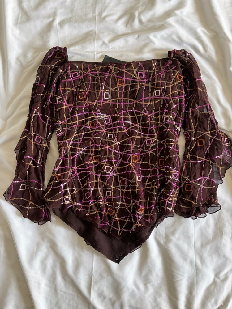Vintage Y2K brown Aftershock asymmetrical hem silk  brown 3/4 sleeve sequin fairy top