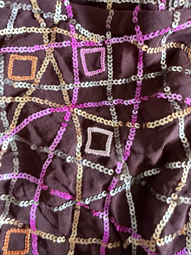 Vintage Y2K brown Aftershock asymmetrical hem silk  brown 3/4 sleeve sequin fairy top