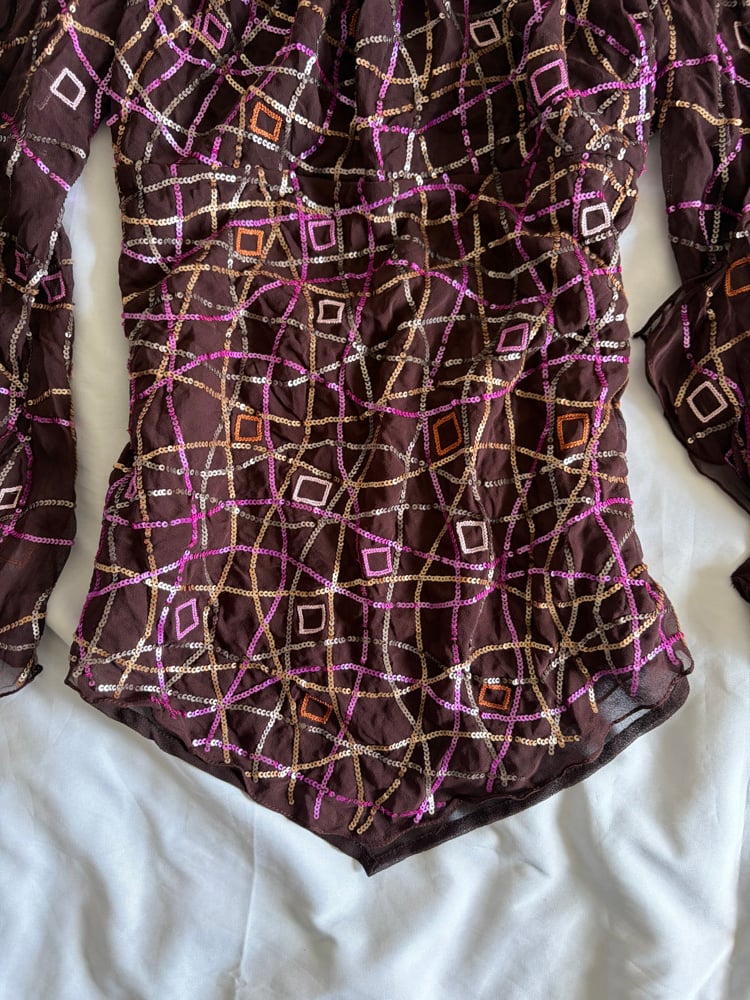 Vintage Y2K brown Aftershock asymmetrical hem silk  brown 3/4 sleeve sequin fairy top
