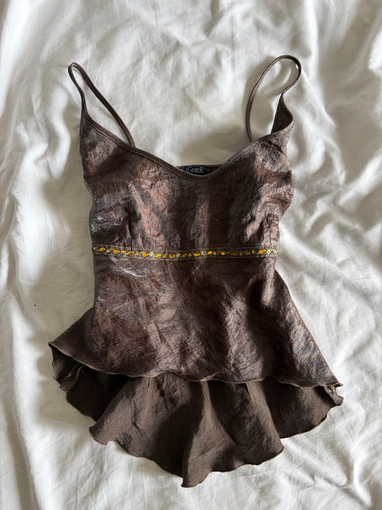 Vintage Y2K brown asymmetrical hem cami with sequin underbust detail