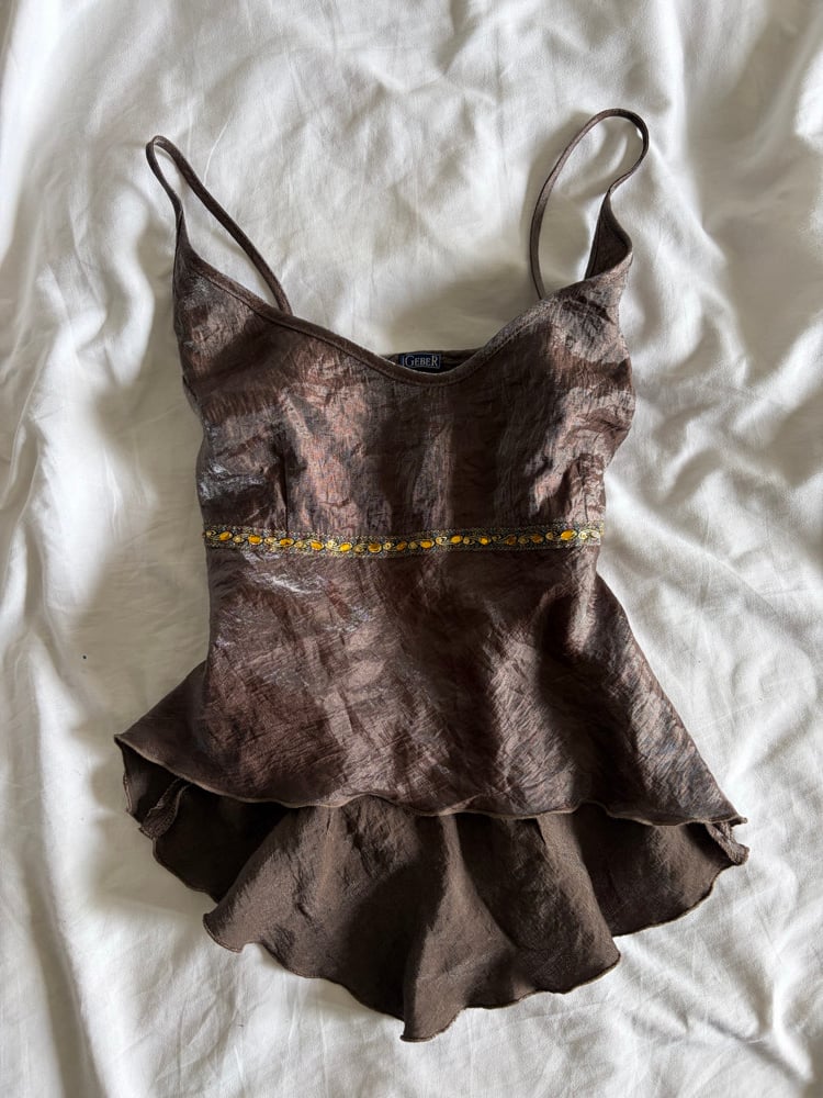 Vintage Y2K brown asymmetrical hem cami with sequin underbust detail