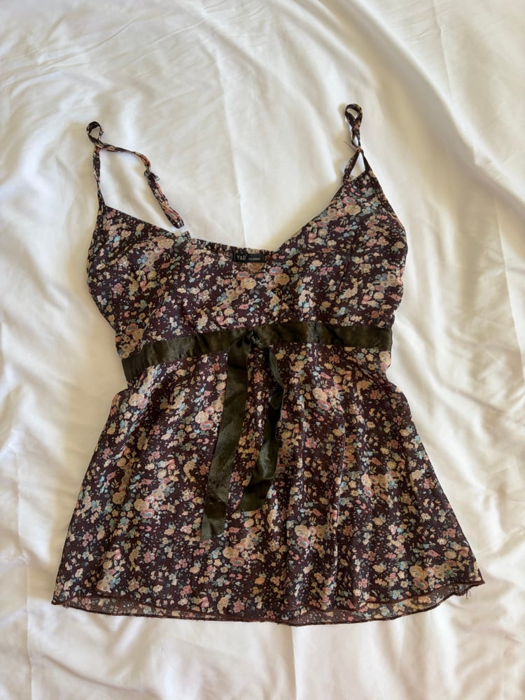 Vintage Y2K brown floral cami with underbust ribbon detail