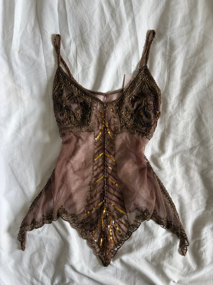 Vintage Y2K brown handkerchief hem sequin and beaded cami