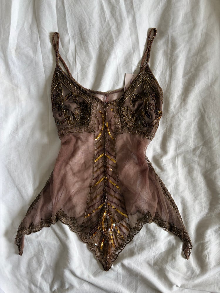 Vintage Y2K brown handkerchief hem sequin and beaded cami