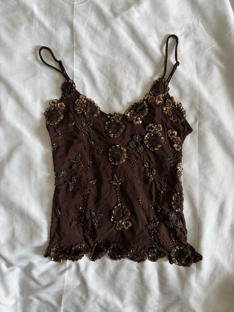 Vintage Y2K brown micromesh cami with brown beaded and bronze sequin details