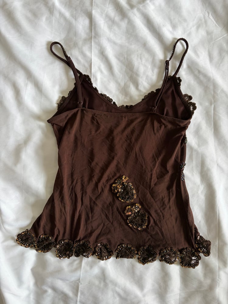 Vintage Y2K brown micromesh cami with brown beaded and bronze sequin details