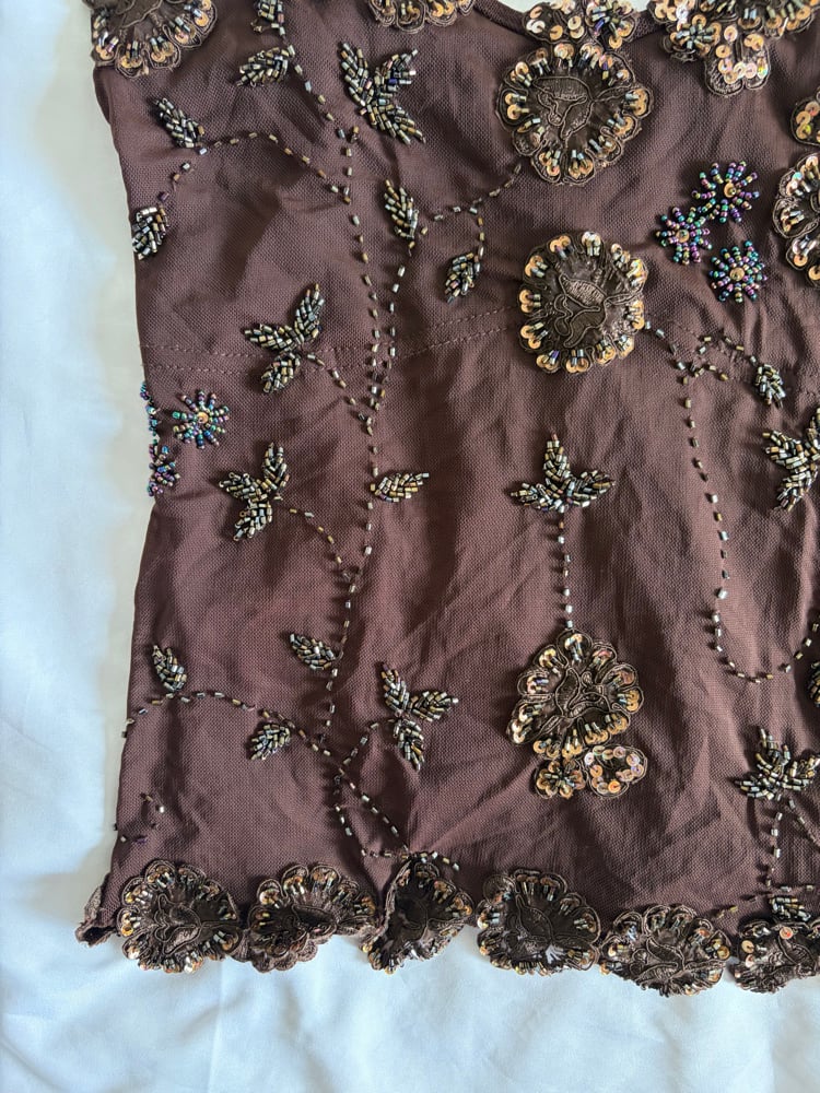 Vintage Y2K brown micromesh cami with brown beaded and bronze sequin details