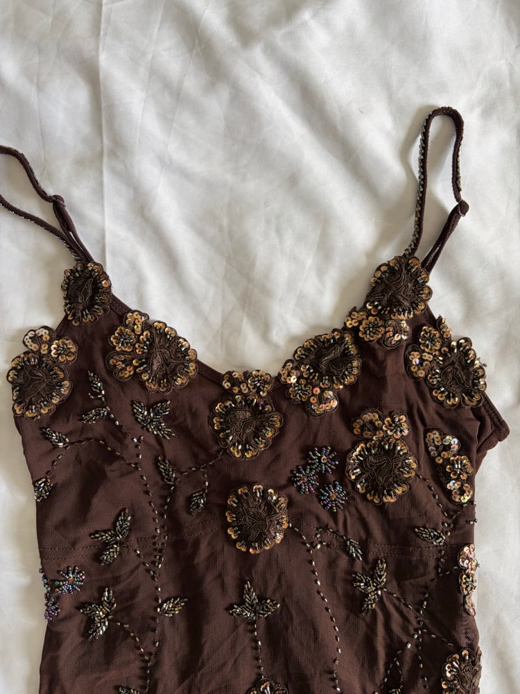 Vintage Y2K brown micromesh cami with brown beaded and bronze sequin details