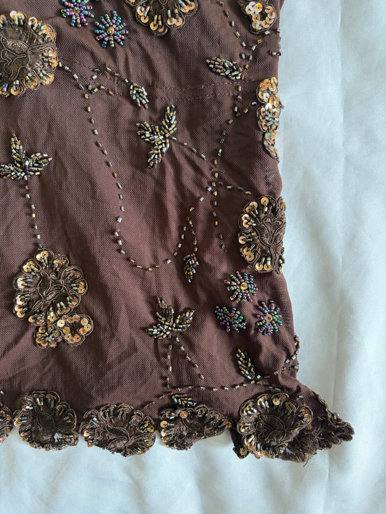 Vintage Y2K brown micromesh cami with brown beaded and bronze sequin details