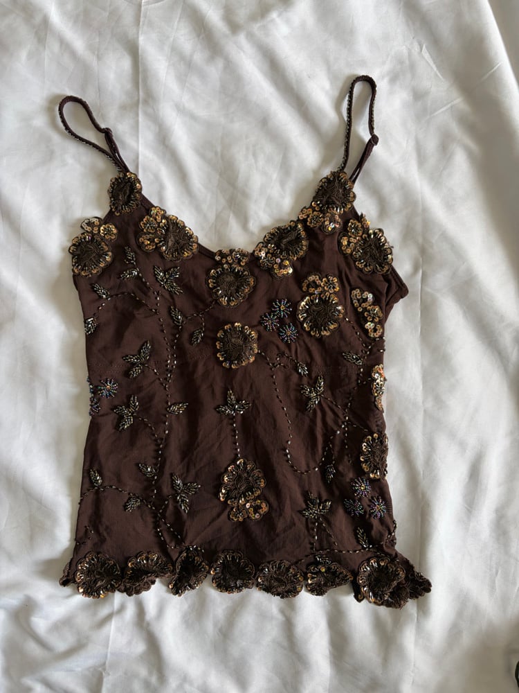 Vintage Y2K brown micromesh cami with brown beaded and bronze sequin details