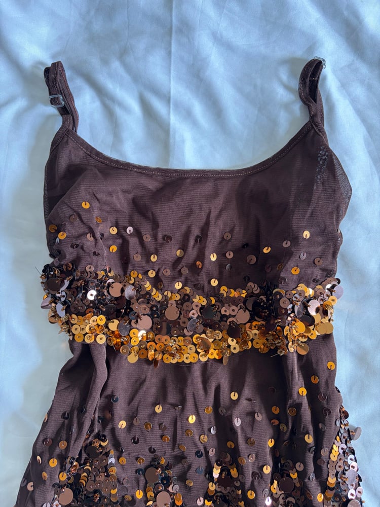 Vintage Y2K brown micromesh tiered cami with gold sequins