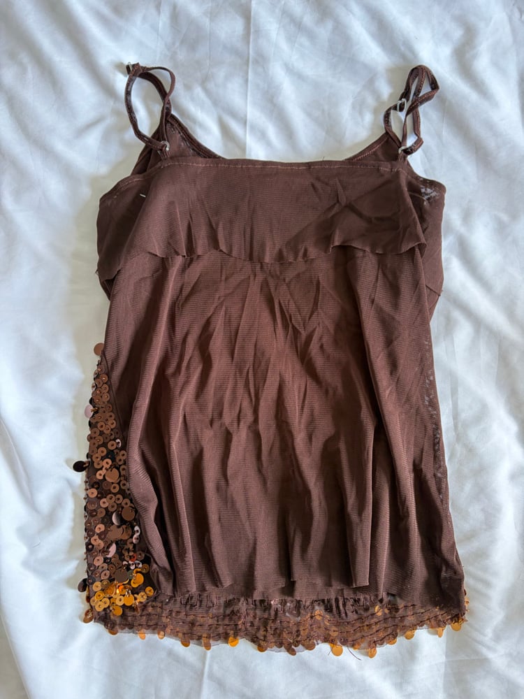 Vintage Y2K brown micromesh tiered cami with gold sequins