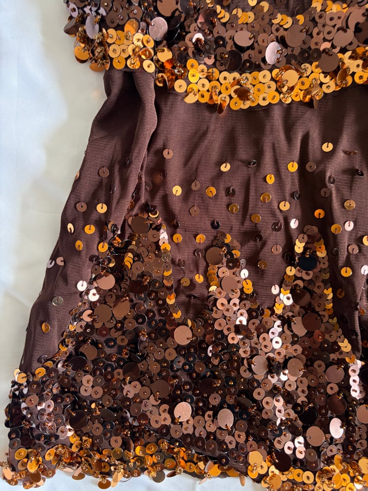 Vintage Y2K brown micromesh tiered cami with gold sequins